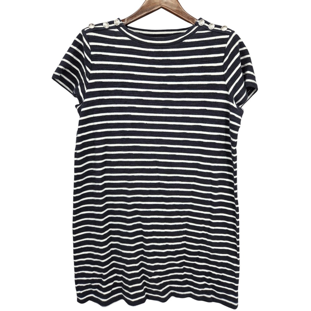 LOFT Petites XXLP Navy White Striped Shift Dress Nautical Shoulder Buttons EUC